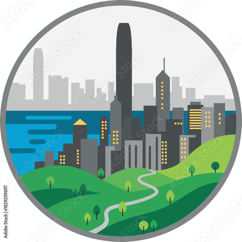 cityscape illustration a vibrant green park extends to a modern cityscape with a tall skyscraper capturing urban nature perfect for travel posters.