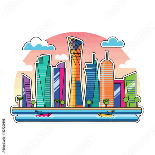 doha skyline vector illustration of the qatar cityscape with modern buildings against a sunset backdrop ideal for travel blogs tourism promotions and city guides