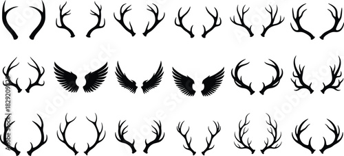 Large Variety of Deer Antlers and Angel Wings Silhouettes, Black Vector Collection for Logo Design