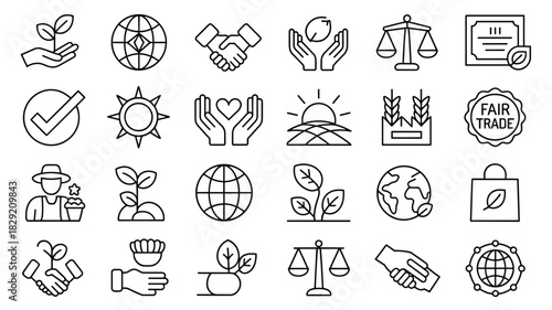 Fair trade and sustainability outline icons representing ethical business practices and ecology