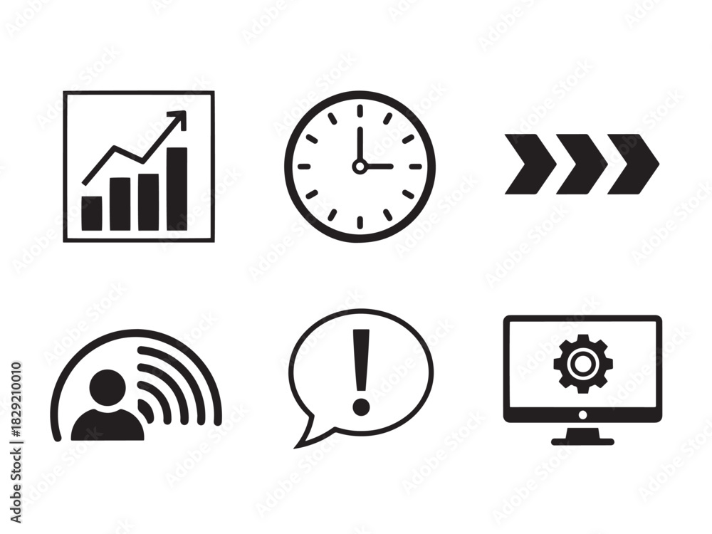 Fototapeta premium Brutalist Icon Set. Real-Time Processing silhouette icon set: live data graph, clock icon, stream arrows, sensor feed, alert bubble, processing monitor.