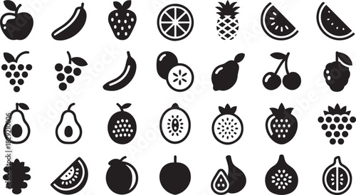Fruit icons set vector – black silhouette collection of tropical and fresh fruits including apple, banana, grape, watermelon, and pineapple