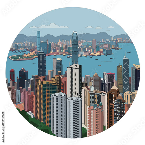 hong kong cityscape illustration showcasing modern architecture set against a scenic harbor view under a bright sky ideal for urban travel promotions.