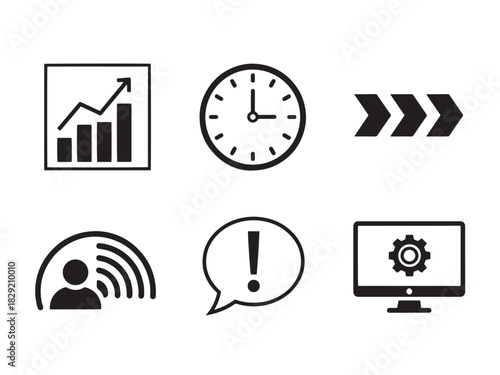 Brutalist Icon Set. Real-Time Processing silhouette icon set: live data graph, clock icon, stream arrows, sensor feed, alert bubble, processing monitor.