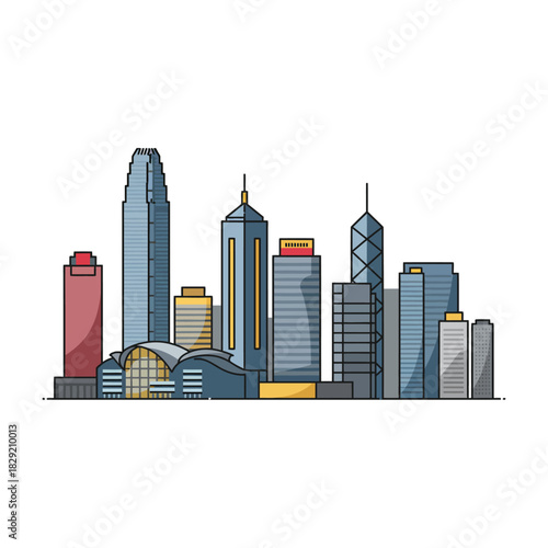 Hong kong cityscape illustration with modern architecture capturing the urban skyline at daytime ideal for travel blogs and architectural presentations.