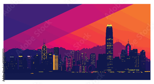 hong kong cityscape silhouette against a vibrant sunset sky showcasing modern architecture and urban skyline ideal for travel blogs and cityscapes.