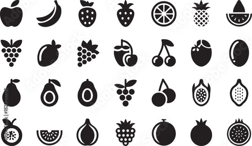 Fruit icons set vector – black silhouette collection of tropical and fresh fruits including apple, banana, grape, watermelon, and pineapple