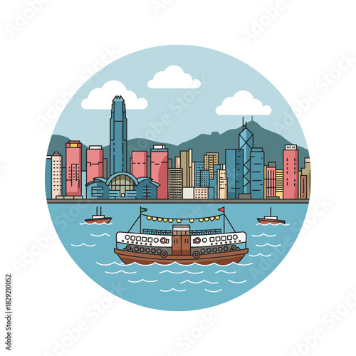 hong kong skyline illustration a star ferry boat sailing across victoria harbour with city buildings in the background ideal for travel and tourism ads