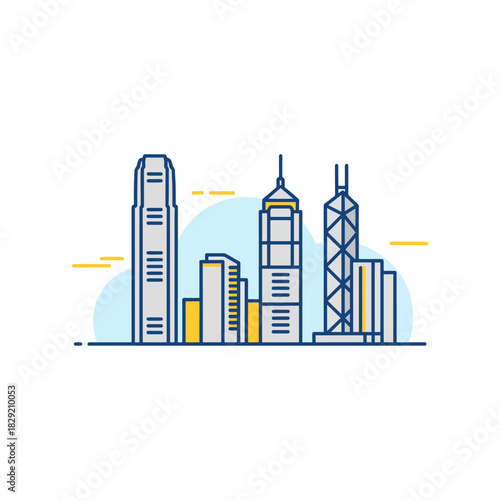 hong kong skyline illustration a minimalist depiction of the citys iconic buildings against a light blue backdrop ideal for travel blogs and tourism ads.