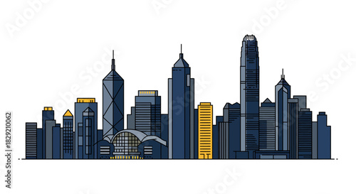hong kong skyline illustration a vibrant cityscape showcasing iconic buildings perfect for travel blogs architectural websites and tourism promotions.