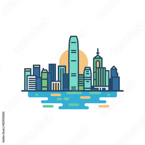 Hong Kong skyline illustration at sunset over the water reflecting urban architecture perfect for travel blogs and showcasing vibrant cityscapes.