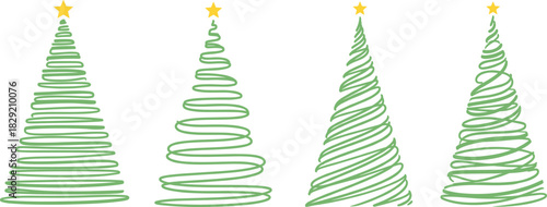Minimalist Swirling Line Christmas Trees Vector Set, Hand-Drawn Sketch Holiday Graphic with Star Topper