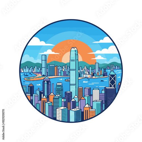 Hong Kong skyline illustration at sunset showcasing iconic buildings against a vibrant sky ideal for travel blogs architectural features and urban design.