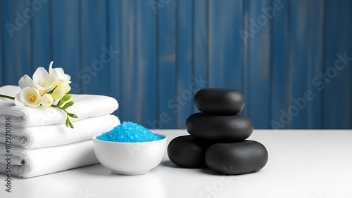 Spa composition with stacked black hot stones, a bowl of blue bath salts, and fresh white towels with a flower.