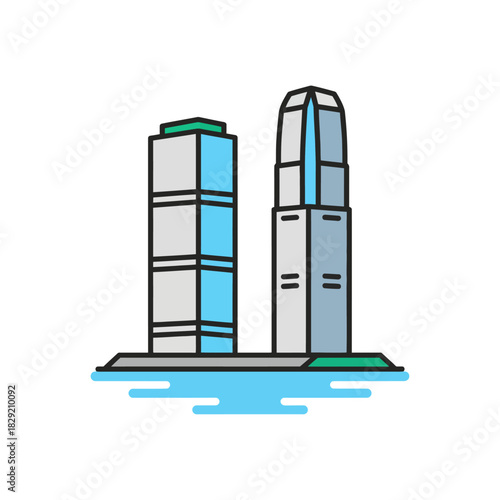 Hong kong skyline illustration featuring iconic skyscrapers on victoria harbour conveying modern architecture urban development and travel destinations.