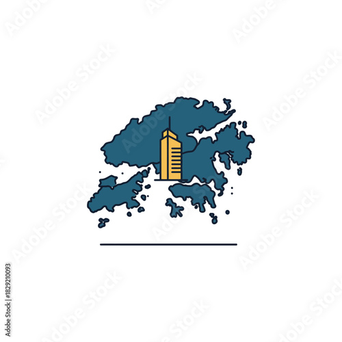 hong kong skyline illustration featuring a modern skyscraper against a stylized map symbolizing business culture and travel in asia suitable for tourism ads.