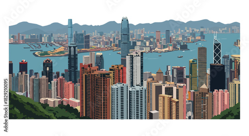 hong kong skyline illustration cityscape view of victoria harbour at daytime ideal for showcasing urban development and asian travel destinations