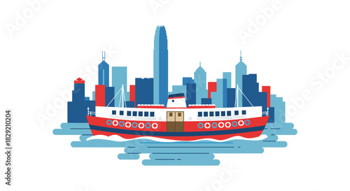 hong kong skyline with star ferry illustration showcasing victoria harbor reflecting the citys iconic architecture and travel destination appeal.
