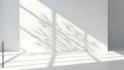 Sunlight casting shadows of leaves on a white wall in a room.