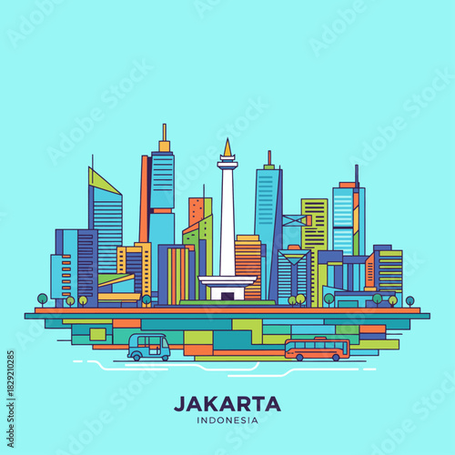 jakarta indonesia skyline illustration a colorful urban cityscape with skyscrapers depicting modern architecture for travel blogs and indonesian culture promotion.