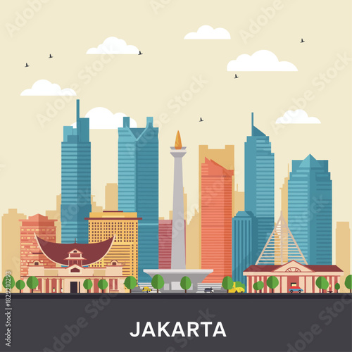 jakarta skyline illustration featuring modern buildings and the national monument ideal for travel blogs city guides and showcasing indonesian culture tourism