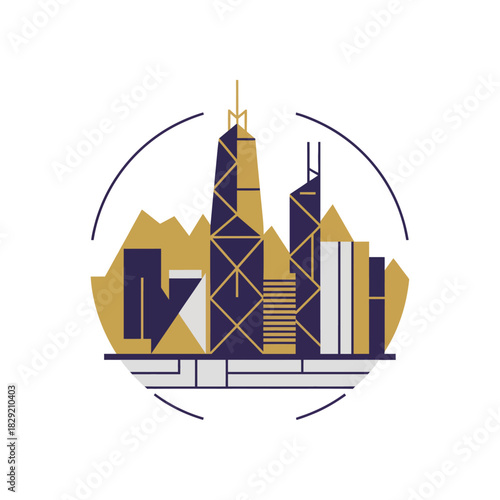 Modern cityscape illustration of Hong Kong skyscrapers against mountains for travel blogs  tourism ads showcasing architecture and vibrant city life.