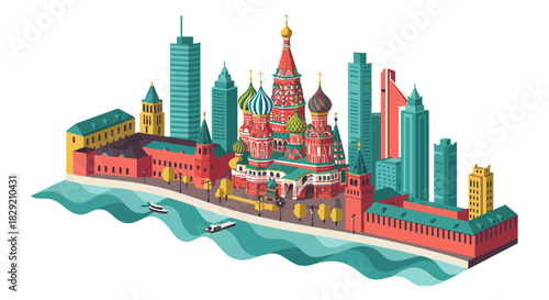 Moscow cityscape illustration featuring st. basils cathedral and skyscrapers vibrant city skyline on the riverfront ideal for travel and culture blogs.