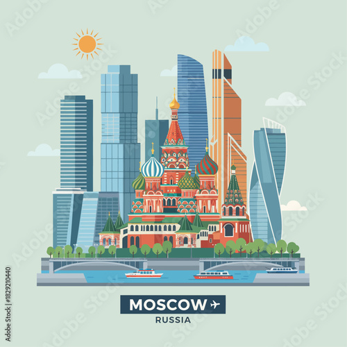 Moscow skyline vector illustration with St. Basils Cathedral and modern skyscrapers depicting Russian culture and travel destinations ideal for travel blogs.