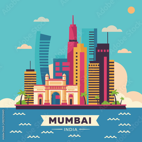 mumbai india cityscape illustration showcasing the gateway of india against colorful buildings capturing travel destination vibes and indian tourism appeal.