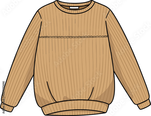 Ribbed Crewneck Sweater Vector Flat, Technical Illustration of Tan Knitwear Apparel with Dropped Shoulders