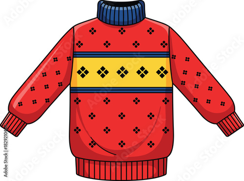 Red Turtleneck Sweater Vector with Christmas Diamond Pattern, Novelty Festive Knitwear Apparel Illustration