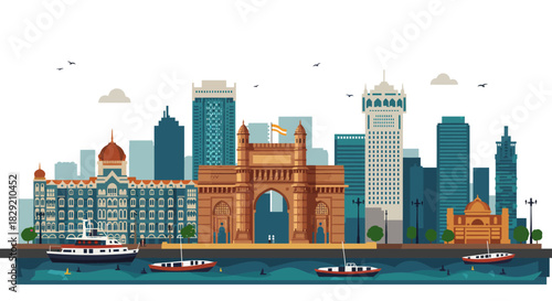 mumbai skyline illustration featuring gateway of india  cityscape mumbai india symbolizing tourism culture and urban development