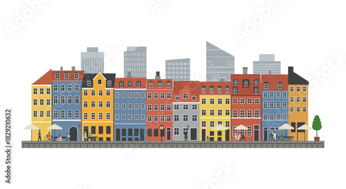 Row of colorful buildings along a European street with people dining outdoors at cafes offering a vibrant urban scene perfect for travel blogs promoting tourism.