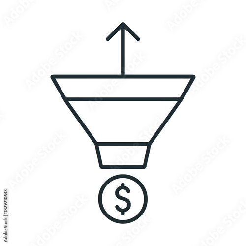 sales funnel conversion an ascending arrow emerging from a funnel converting leads into dollars symbolizing growth strategy and profitability.