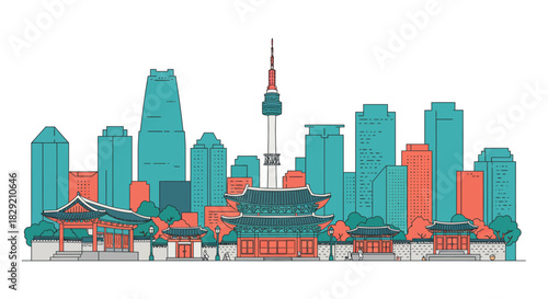 Seoul skyline illustration showcasing iconic N Seoul Tower amidst city buildings perfect for travel blogs  korean culture promotion conveying modernity  heritage.