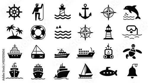 Nautical maritime elements collection of ocean transportation and sea navigation symbols set