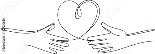 Hands with heart continuous line art vector – minimal love, care, and compassion concept design for charity, unity, or relationship illustration