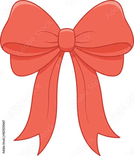 Single Decorative Coral Ribbon Bow Vector Illustration, Elegant Element for Gift Wrapping and Celebration Design