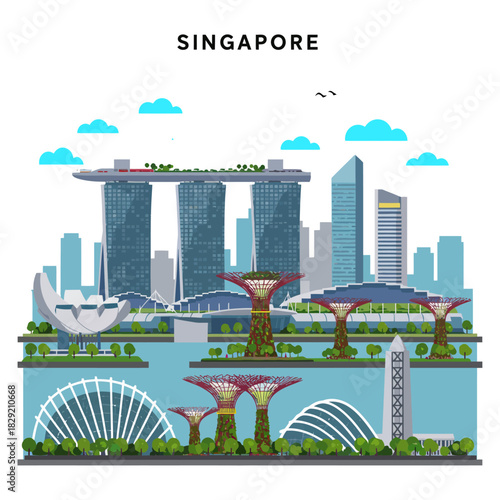 singapore skyline illustration marina bay sands and gardens by the bay showcasing the citys modern architecture and green spaces ideal for travel promotions.