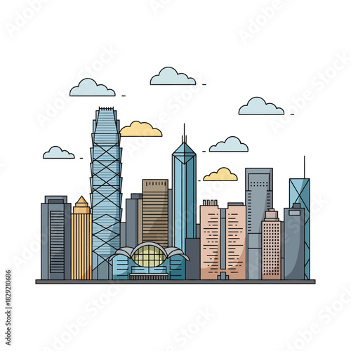 skyline illustration of hong kong with clouds showcasing urban development for travel promotions  architectural design modern city contemporary style