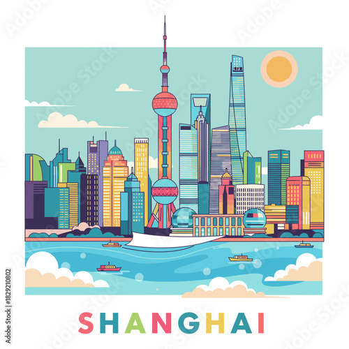 vibrant shanghai skyline illustration colorful architecture featuring oriental pearl tower on the huangpu river ideal for travel blogs and tourism marketing