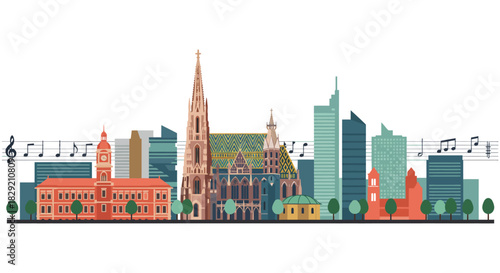 vienna skyline illustration with musical notes showcasing the austrian capitals iconic architecture and cultural heritage suitable for travel blogs or musical events