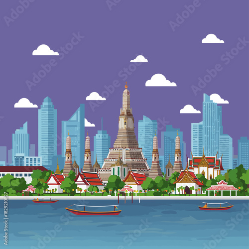 wat arun temple in bangkok thailand reflecting over the chao phraya river against the city skyline promoting travel destinations and cultural heritage.