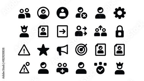 Collection of user interface people management and settings glyph icons for website design
