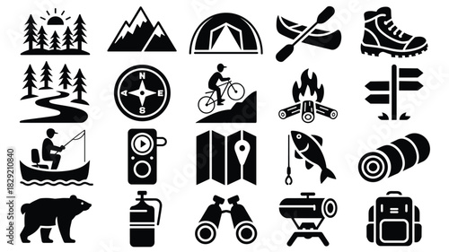 Outdoor adventure icons set camping hiking and recreation equipment for wilderness exploration