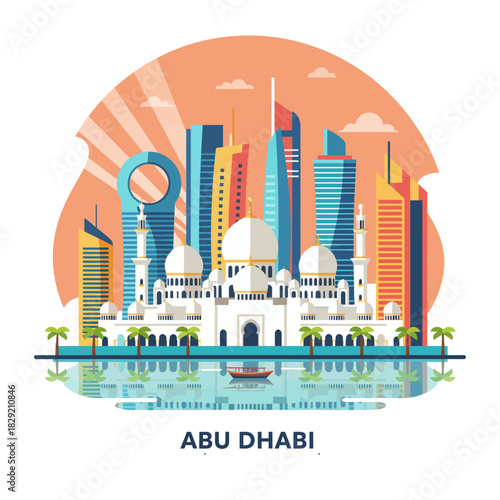 abu dhabi skyline featuring sheikh zayed mosque showcasing the citys iconic architecture against a sunny backdrop ideal for travel blogs tourism promotions.