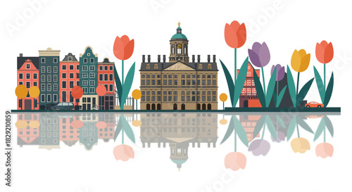 amsterdam cityscape reflection with tulips showcasing dutch architecture and culture creating a vibrant scene perfect for travel blogs and european tourism