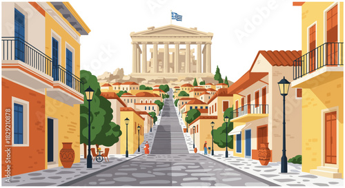 Athens street view with the acropolis showing colorful buildings and a long staircase under the greek flag ideal for travel and architecture blog posts.