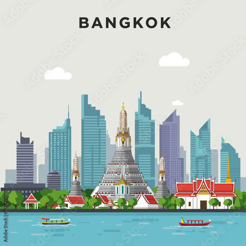 bangkok skyline with wat arun temple on the chao phraya river a cultural landmark perfect for travel blogs and tourism promotions showing thailand