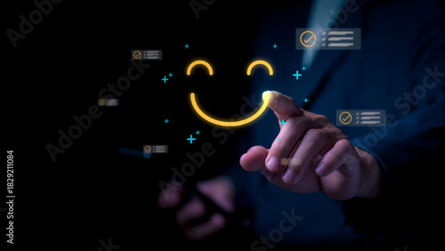 Businessman holding a smiley face icon, conveying a positive attitude towards service, balance of service and quality. Suitable for service business, selfcare, and inspiration.